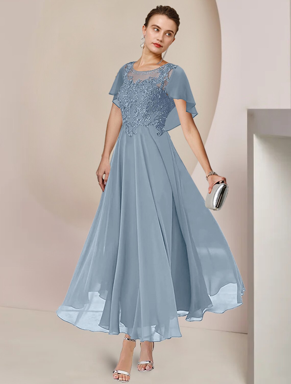 Abito da madre della sposa a trapezio, elegante, in chiffon, con scollo a barchetta, lunghezza tè, senza maniche, con applicazioni di perline